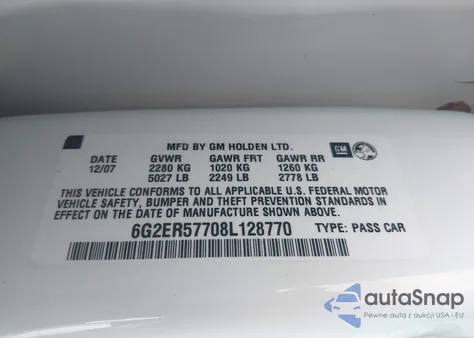 2008 Pontiac G8 z USA, uszkodzony, nr VIN 6G2ER57708L128770